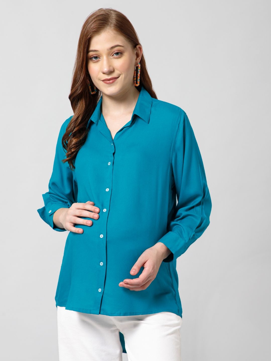 

House Of Zelena Maternity Long Sleeves Shirt Style Top, Turquoise blue