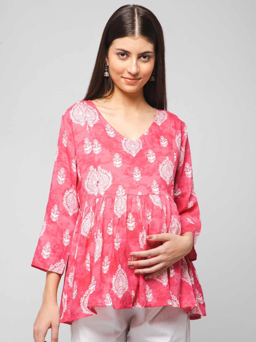 

House Of Zelena Floral Printed V-Neck Maternity Empire Top, Pink