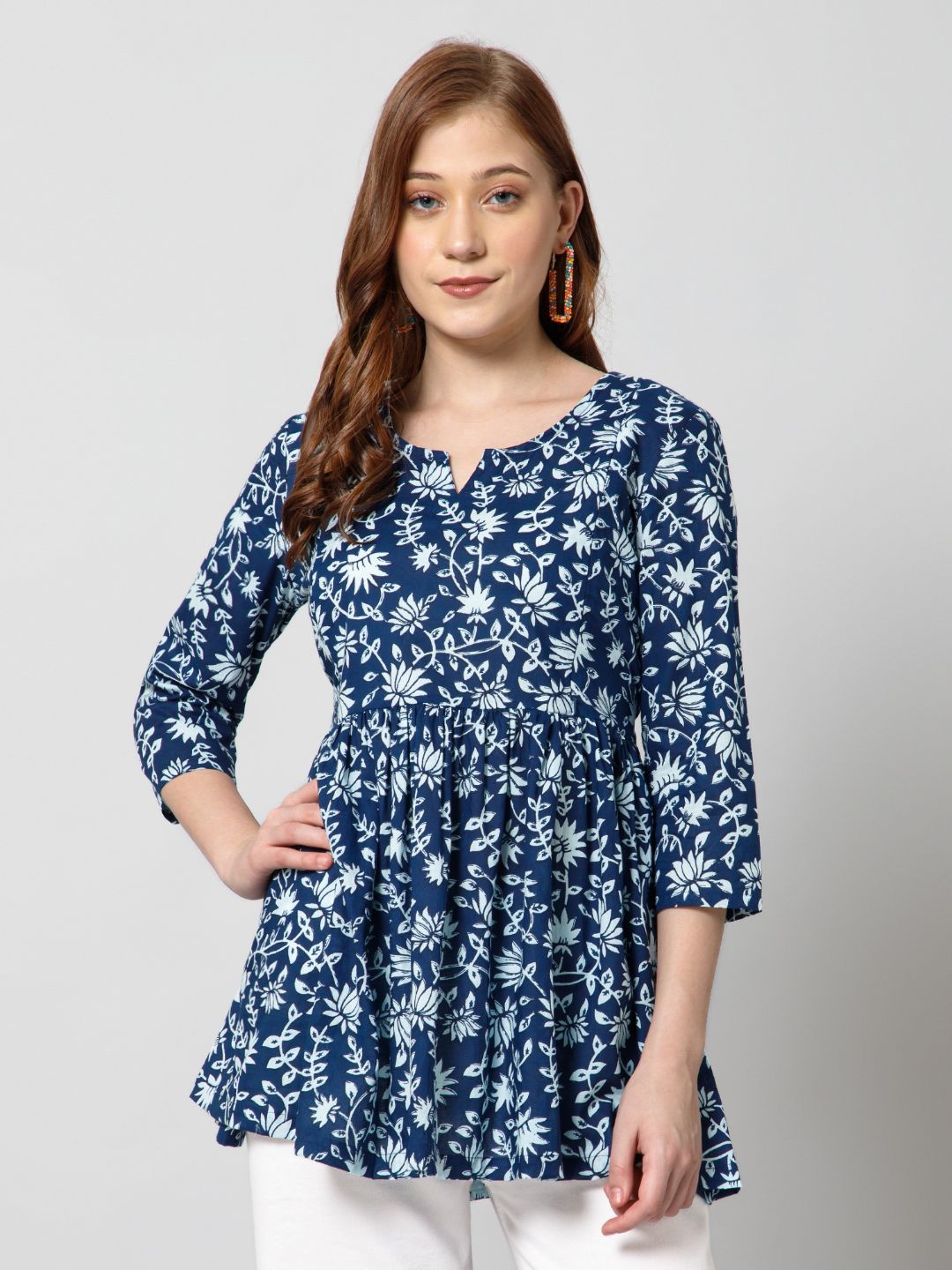 

House Of Zelena Floral Printed Gathered Detail Cotton Peplum Top, Blue