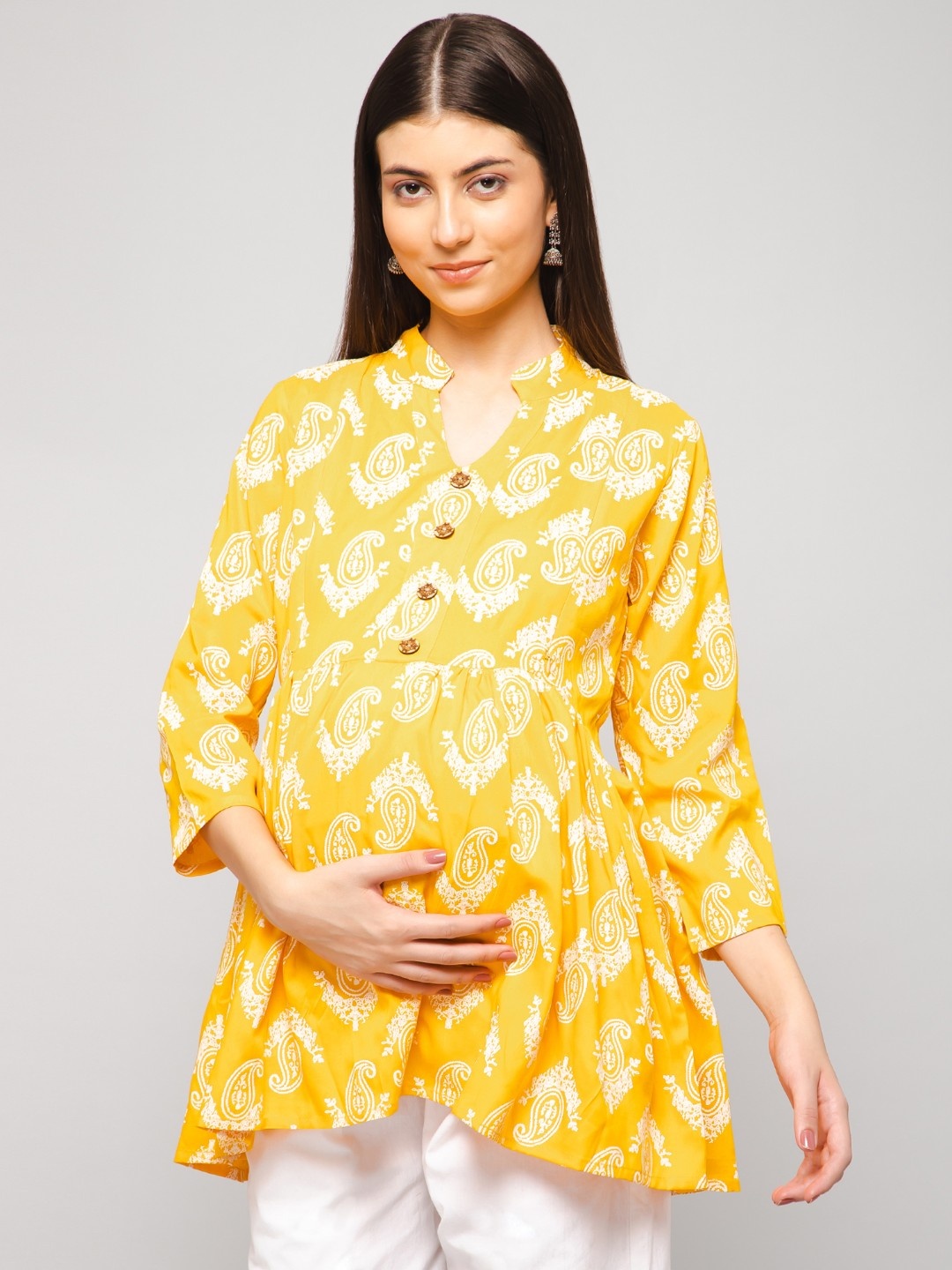 

House Of Zelena Floral Print Mandarin Collar Pure Cotton Materinty Kurti, Yellow