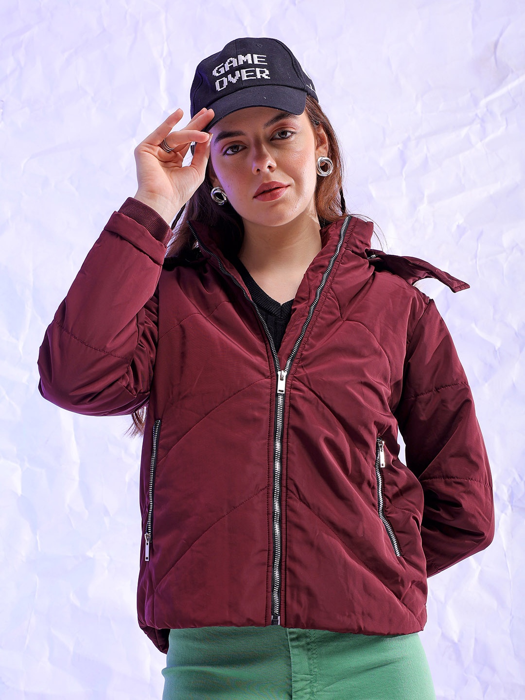 

Freehand by The Indian Garage Co Maroon Lightweight Hooded Longline Puffer Jacket