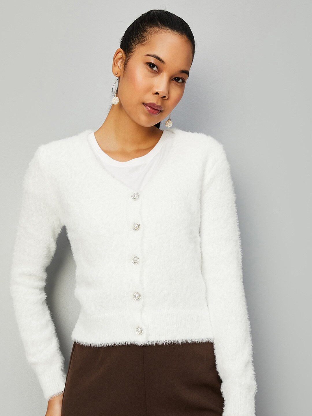 

max Self Designed V-Neck Acrylic Cardigan, White