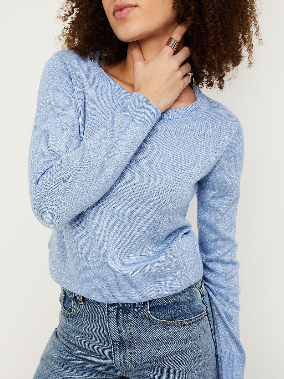 

max Round Neck Long Sleeves Acrylic Pullover Sweaters, Blue