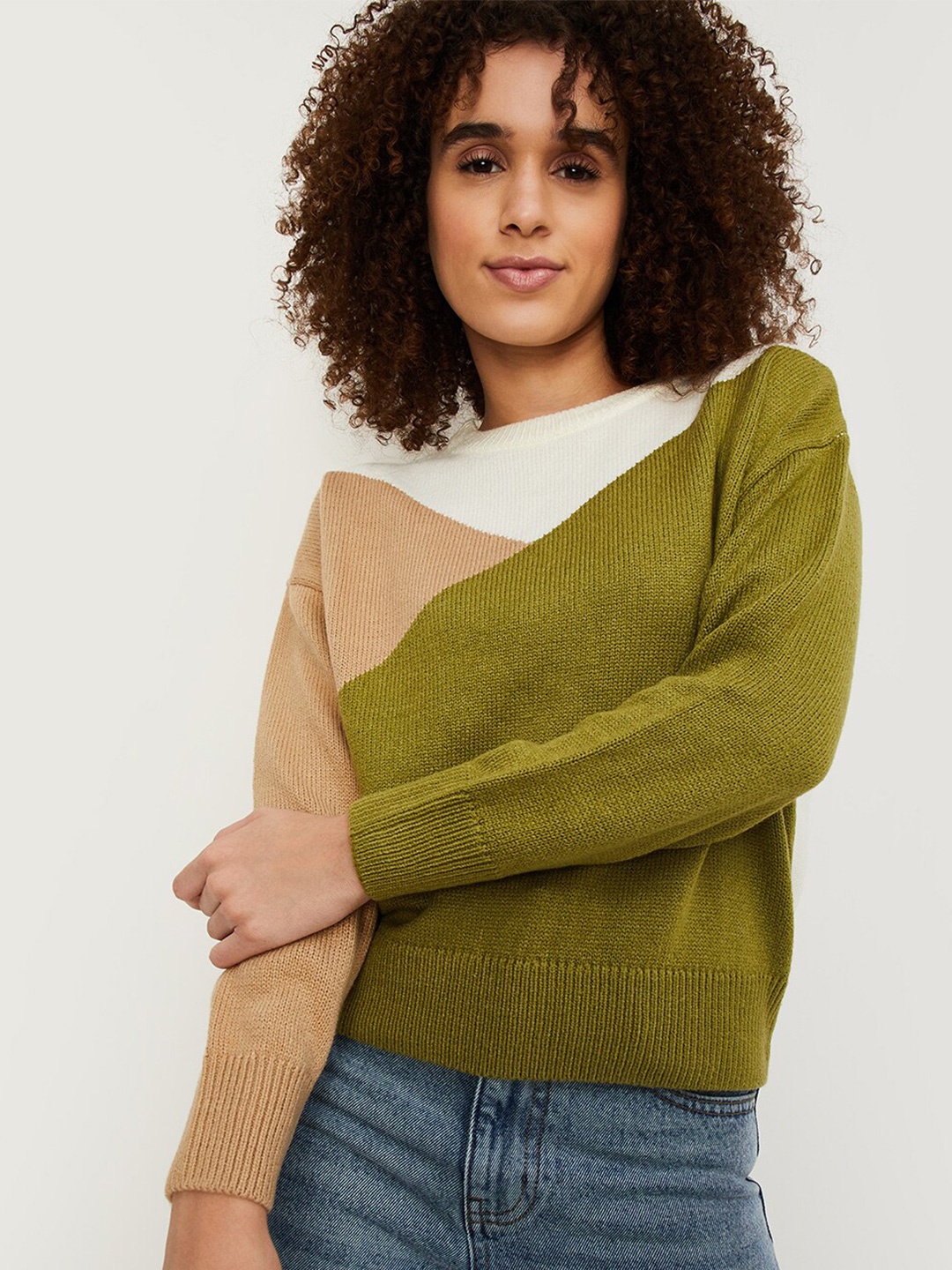 

max Colourblocked Round Neck Long Sleeves Pure Acrylic Pullover Sweaters, Beige