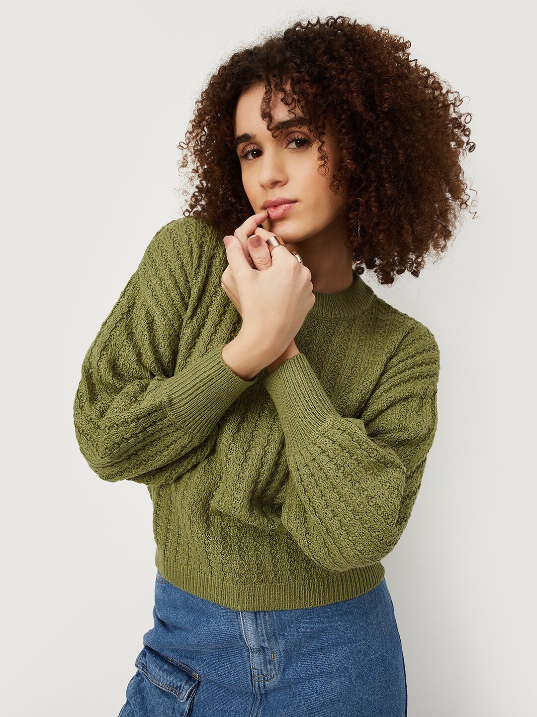 

max Cable Knit Round Neck Long Sleeves Pure Acrylic Pullover Sweaters, Green