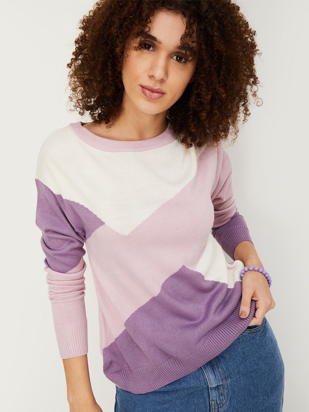 

max Colourblocked Round Neck Pullover, Purple