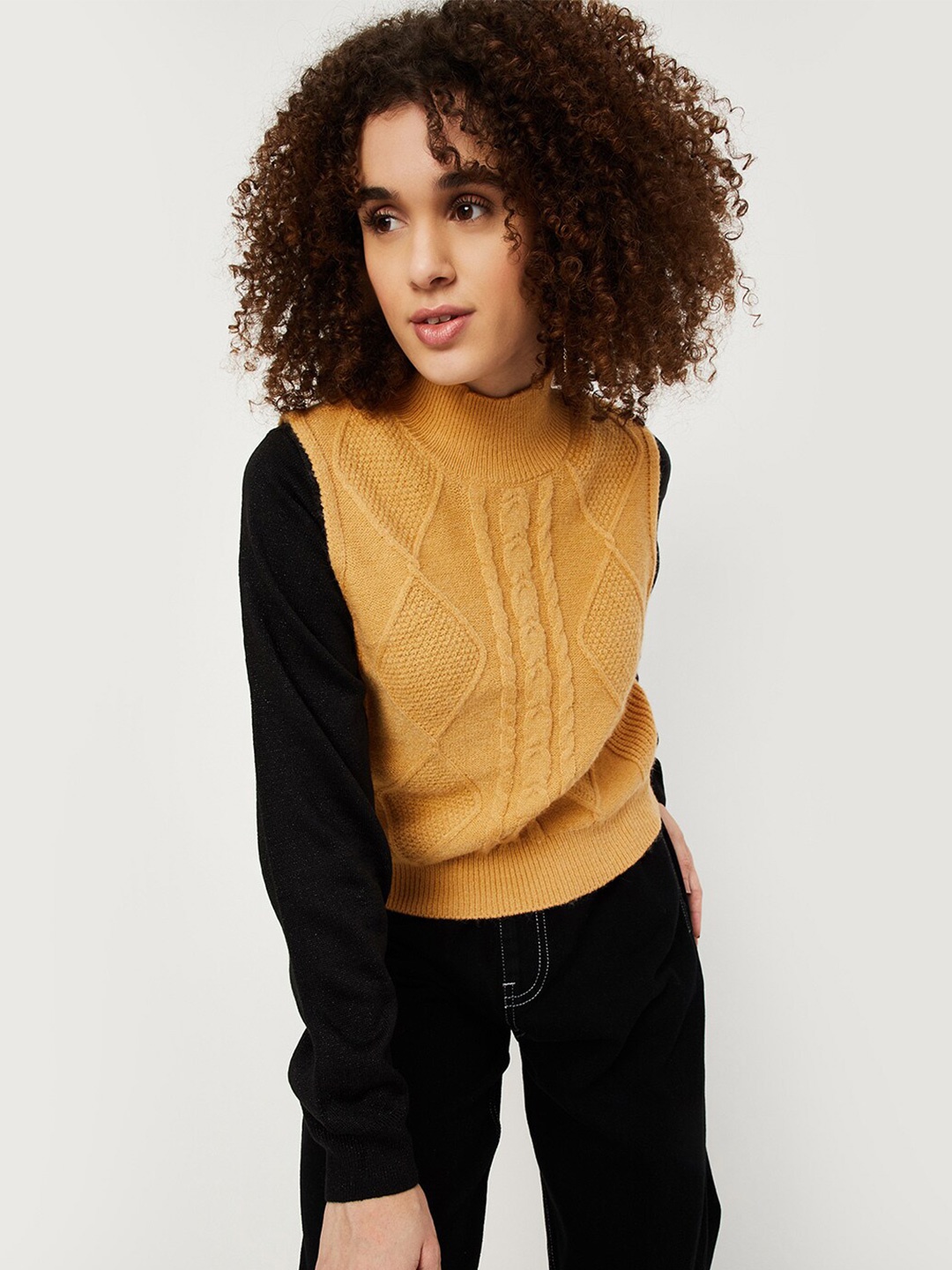 

max Cable Knitted Self Design High Neck Pullover Sweaters, Yellow