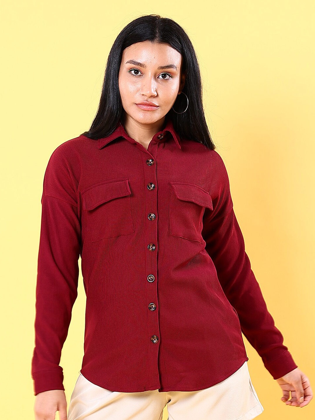 

Freehand by The Indian Garage Co Burgundy Vertical Striped Spread Collar Casual Shacket