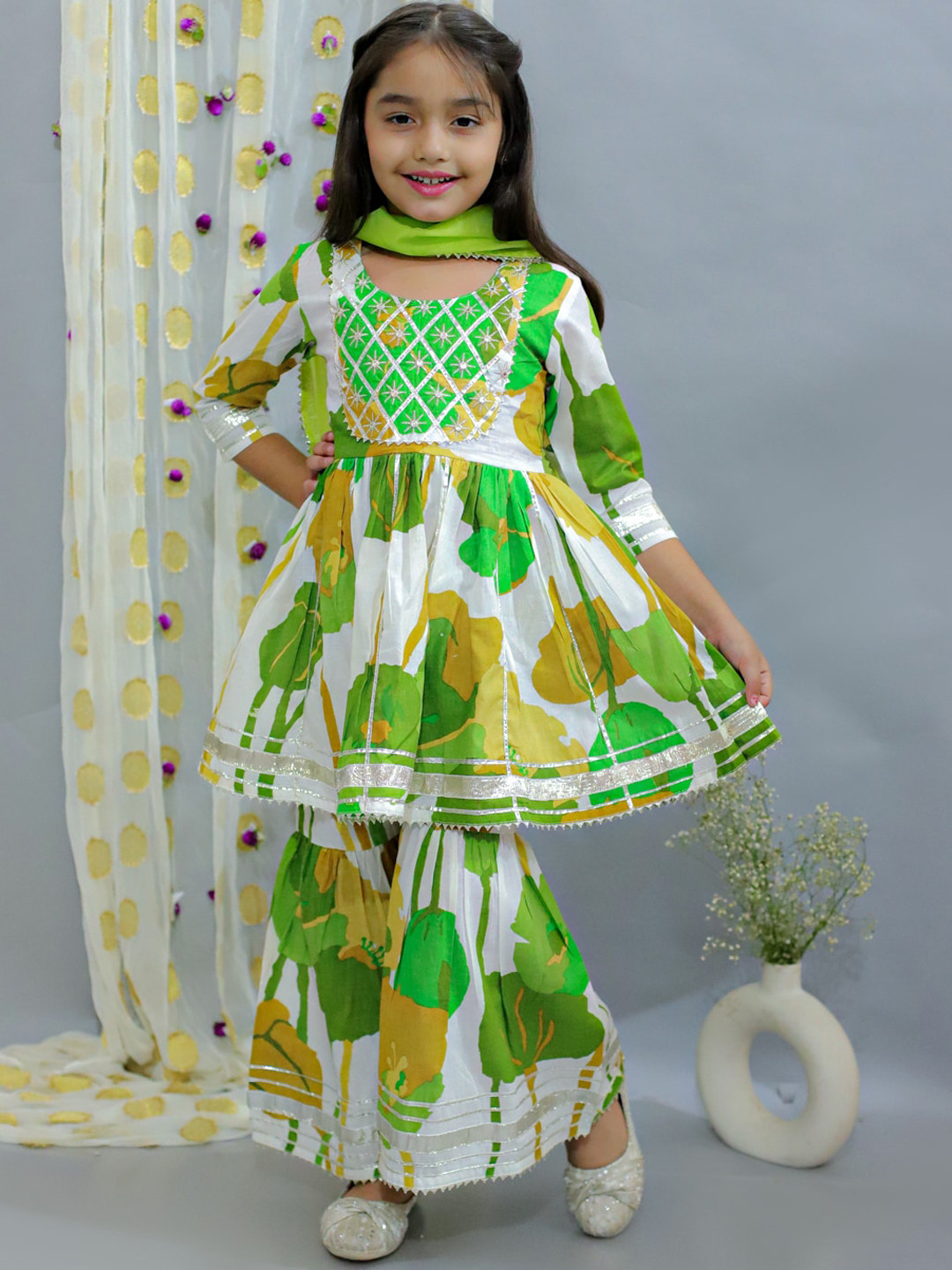 

Ka-mee Girls Abstract Yoke Design Pure Cotton A Line Kurta With Sharara & Dupatta, White