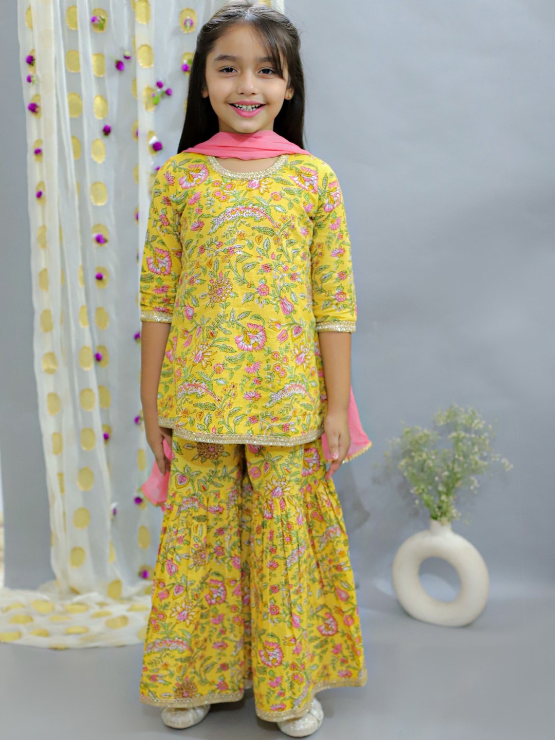 

Ka-mee Girls Floral Printed Pure Cotton A Line Kurta With Sharara & Dupatta, Yellow