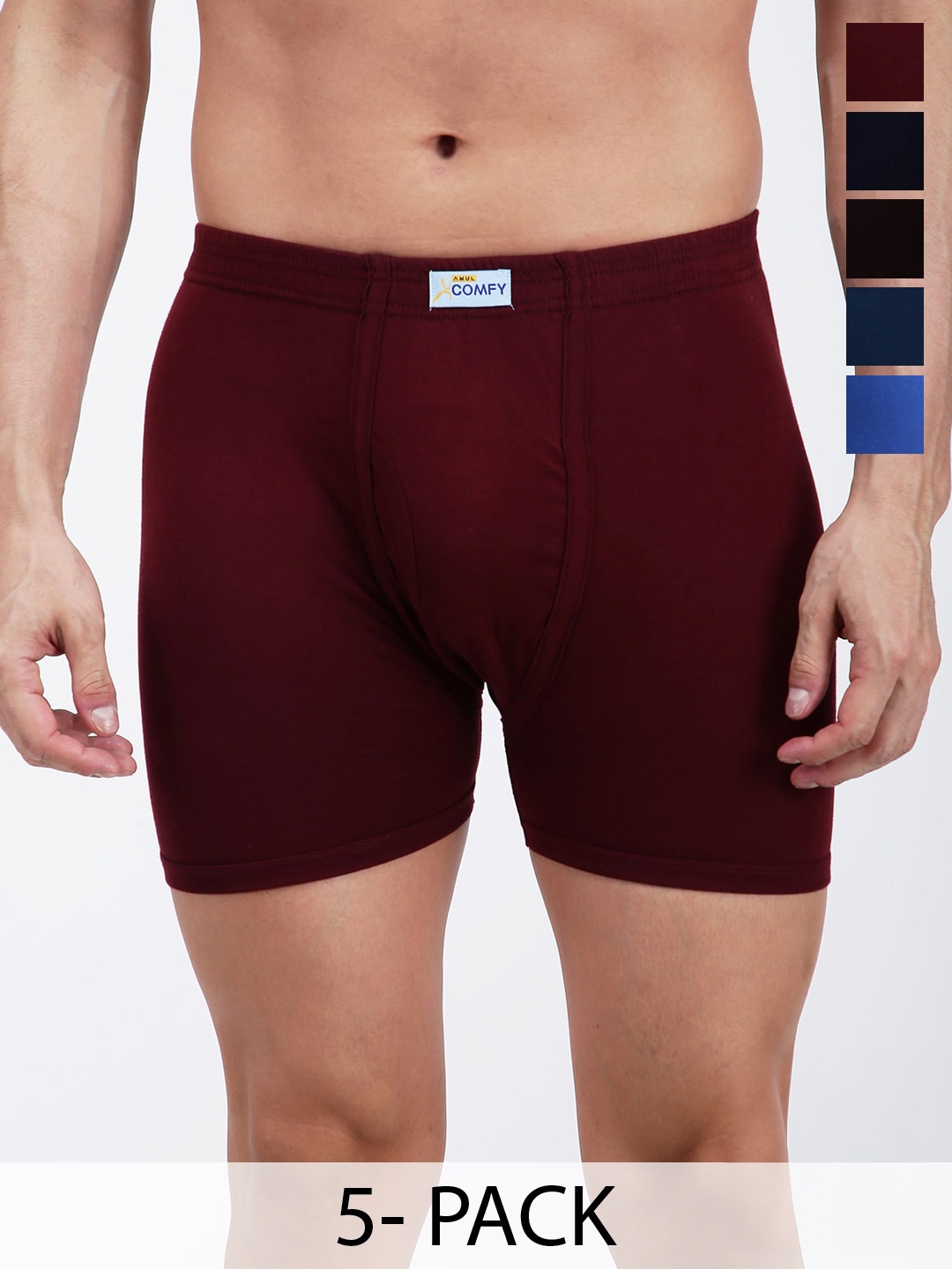 

AMUL COMFY Pack Of 5 Cotton Breathability Trunks AC-FCTRIE-AF-CB-NVY-SKY-MAR-XL-5PC, Maroon