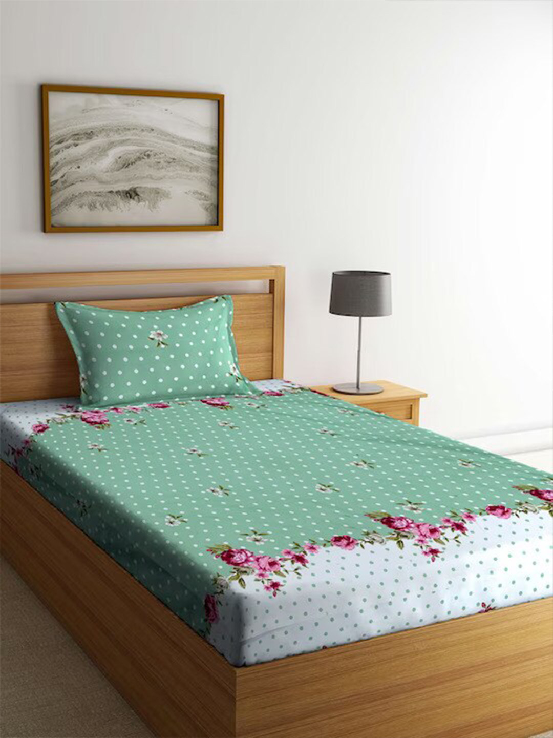

DECOMIZER Fluorescent Green & White Floral 220 TC Single Bedsheet with 1 Pillow Covers