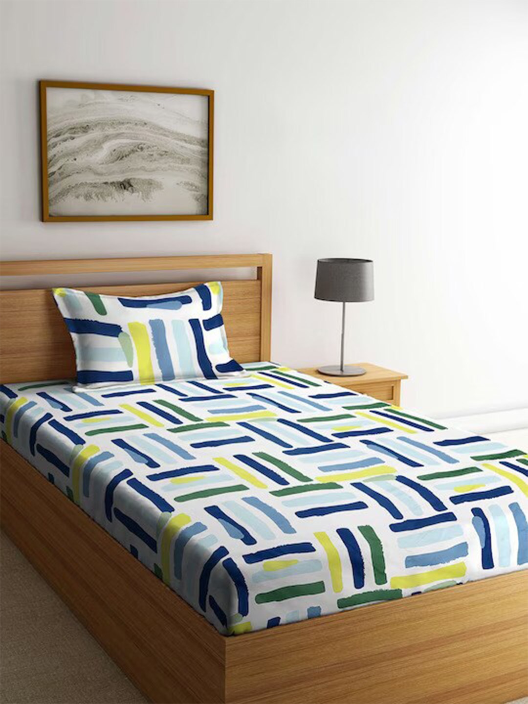 

DECOMIZER White & Blue Striped 220 TC Single Bedsheet with 1 Pillow Covers