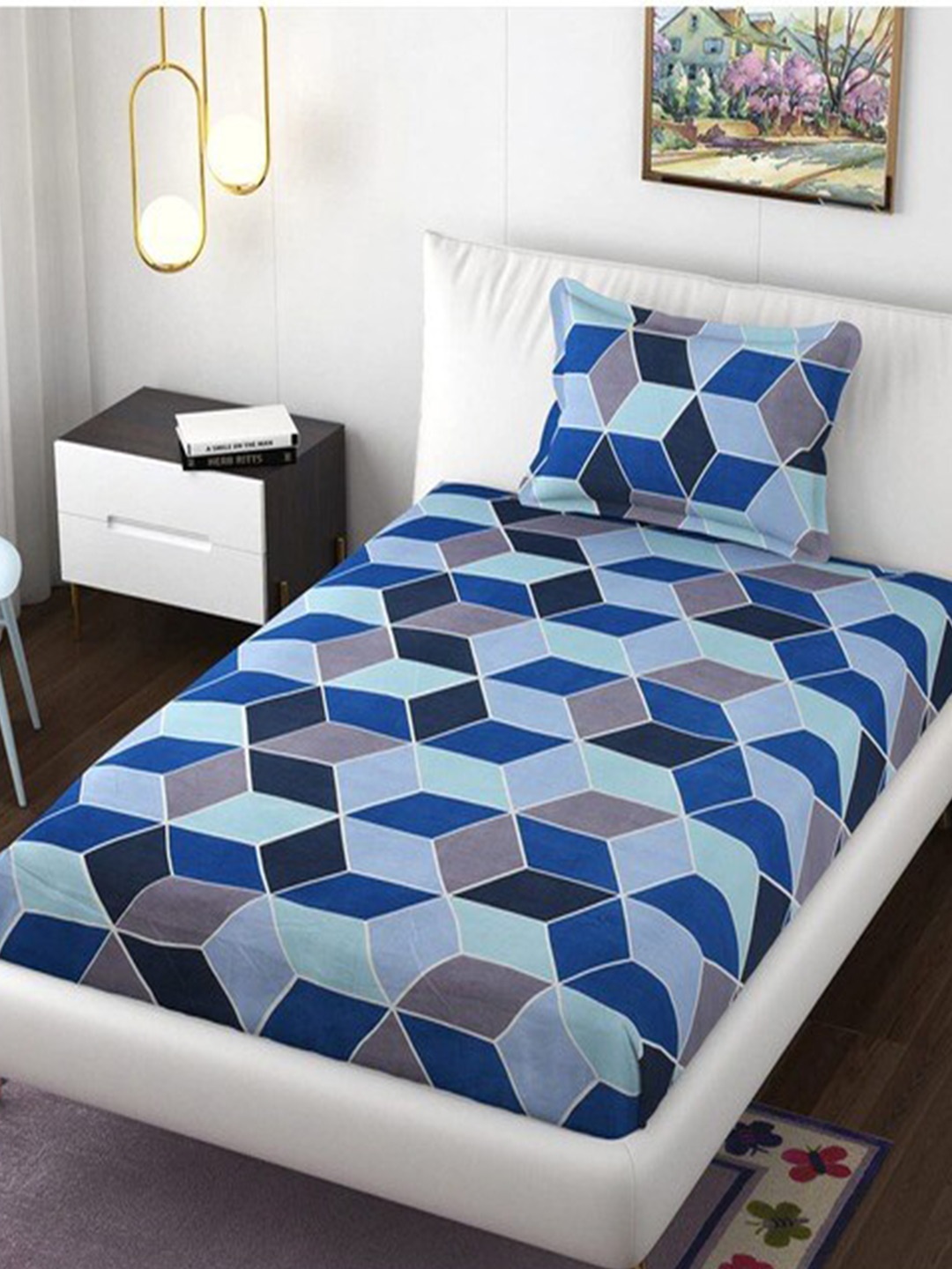 

DECOMIZER Navy Blue & Black Geometric 220 TC Single Bedsheet with 1 Pillow Covers