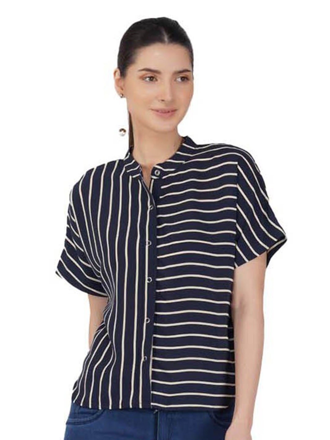 

IMPERATIVE Horizontal Stripes Mandarin Collar Casual Shirt, Blue