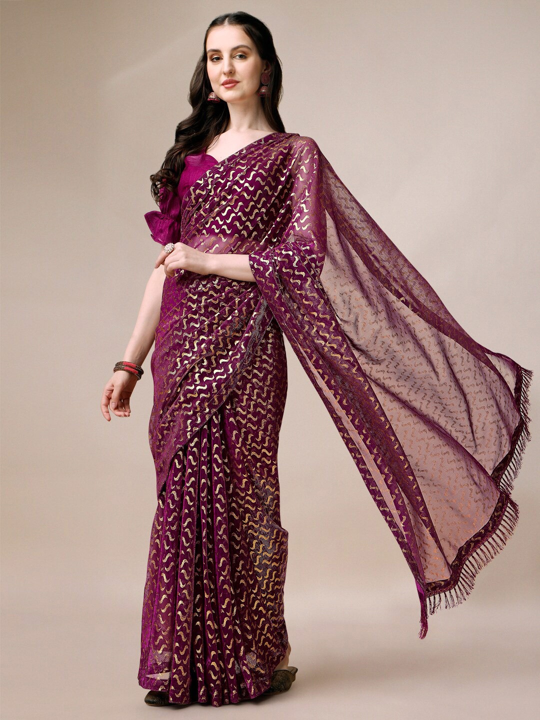

KALINI Foil Printed Pure Silk Saree, Purple