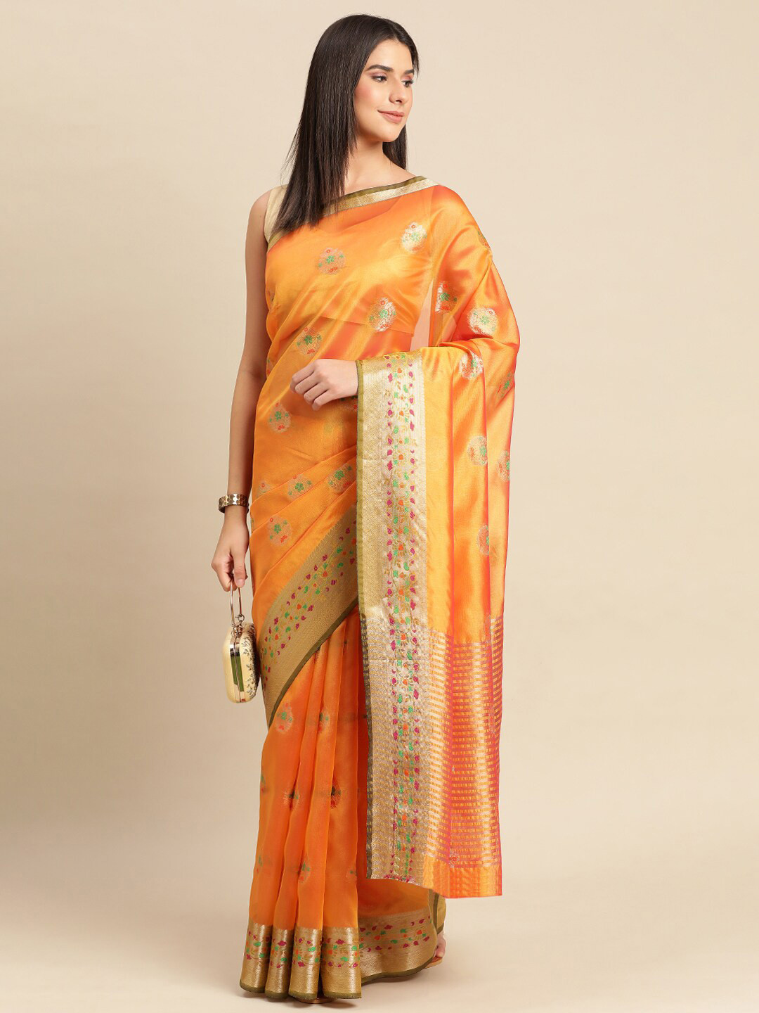 

KALINI Ethnic Motifs Woven Design Zari Organza Saree, Gold
