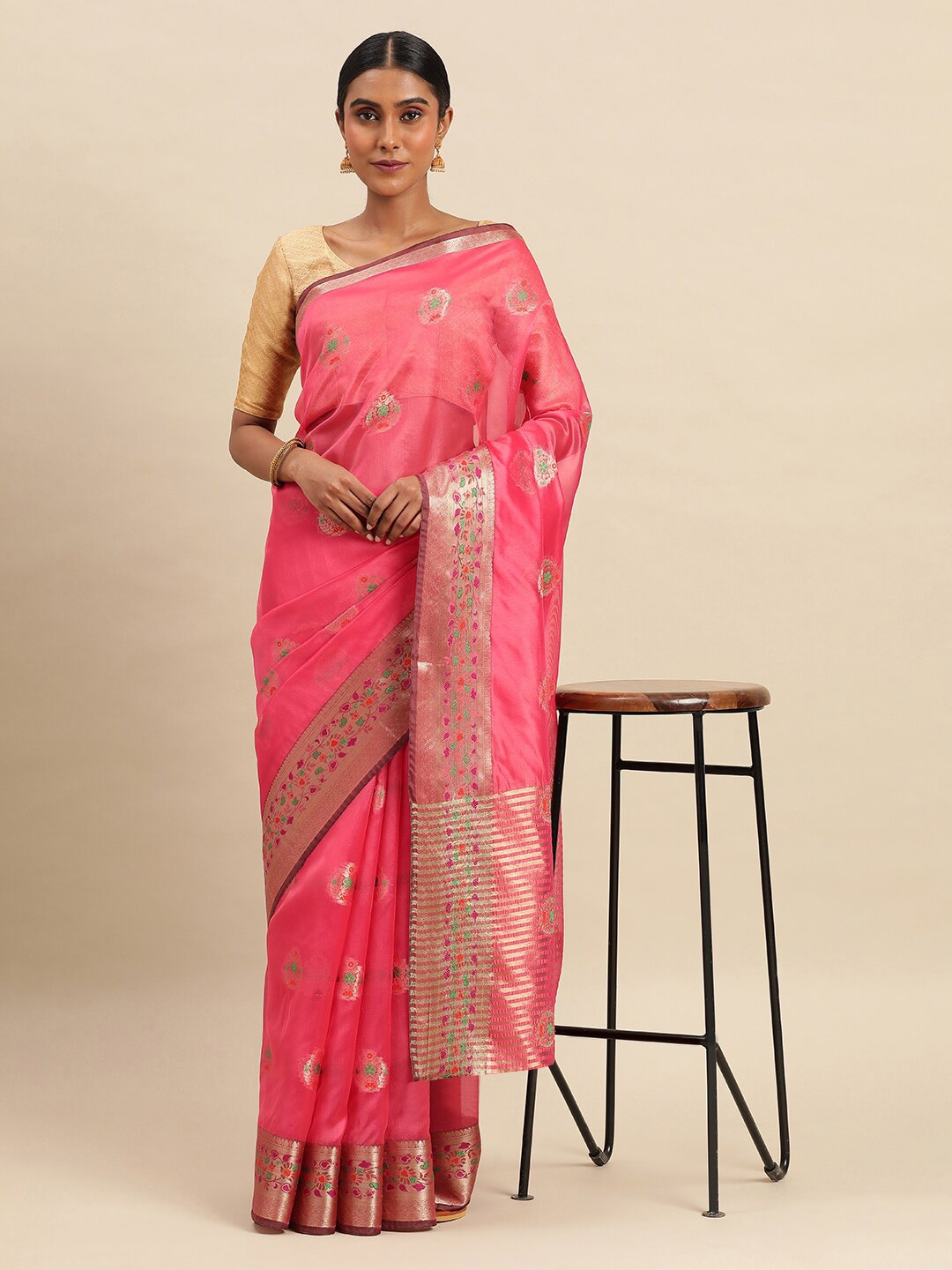 

KALINI Ethnic Motif Woven Design Zari Organza Saree, Peach