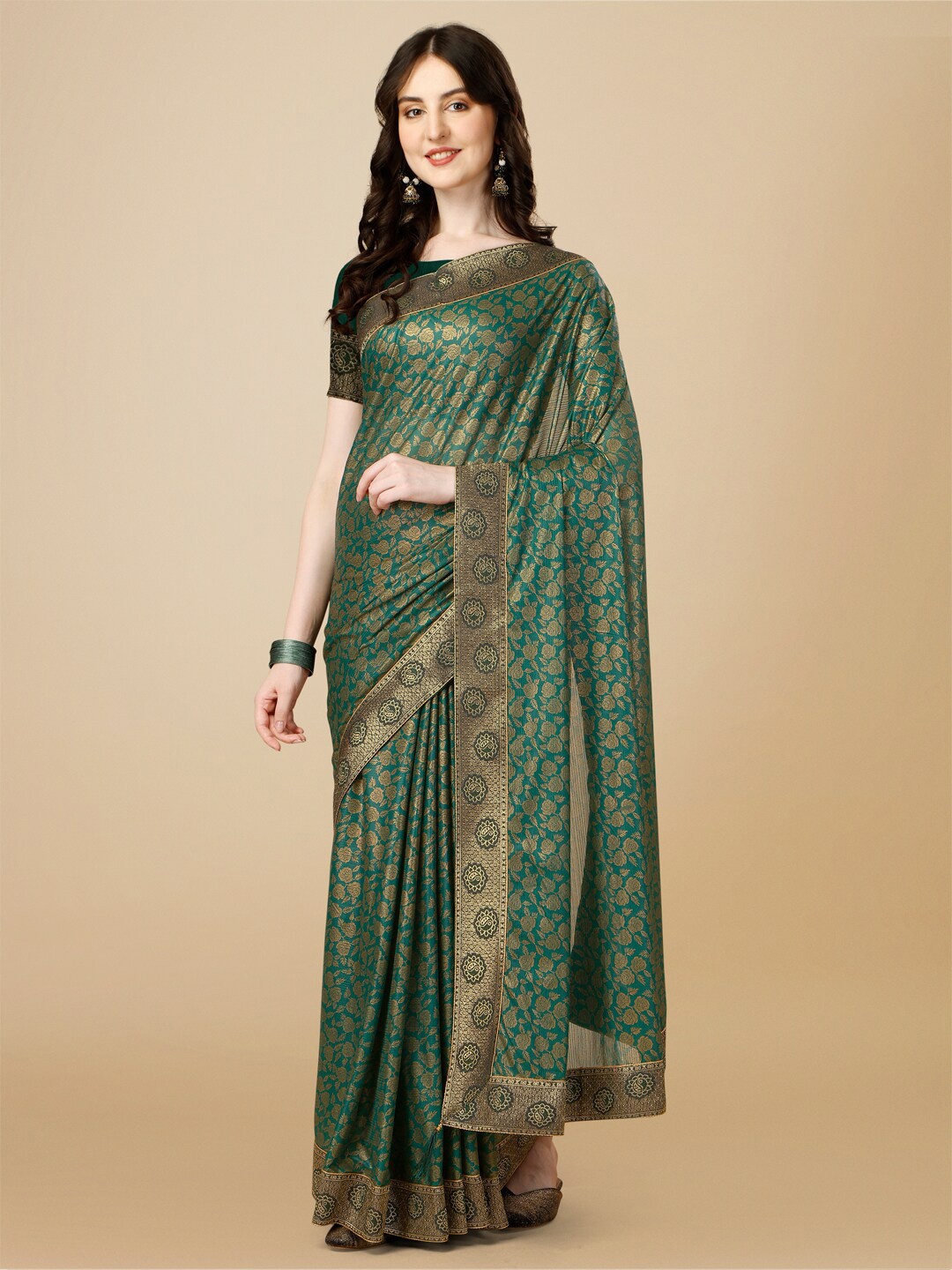 

KALINI Floral Printed Zari Pure Silk Saree, Green