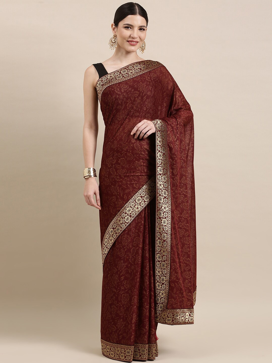 

KALINI Floral Printed Zari Pure Silk Saree, Maroon