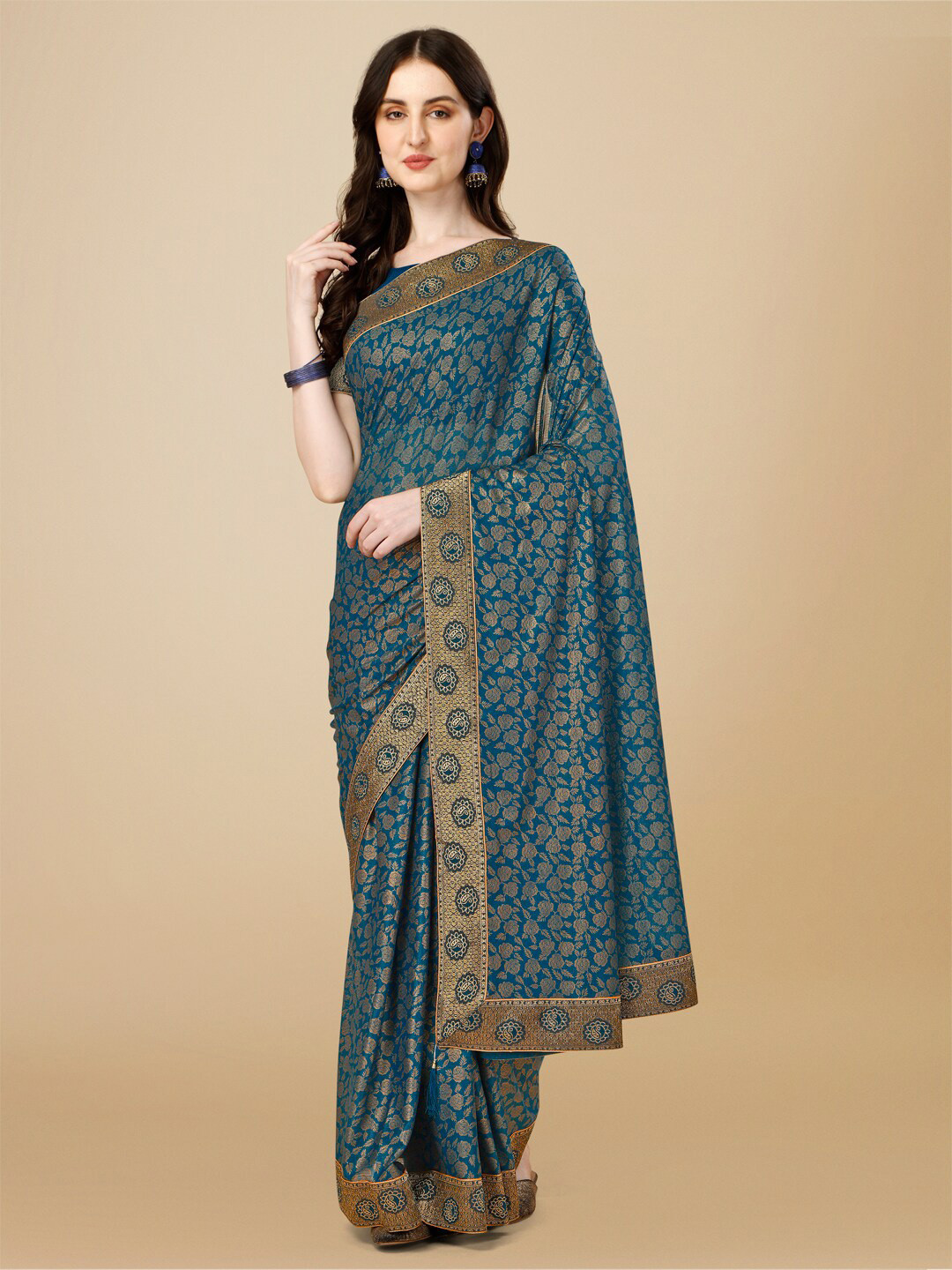 

KALINI Floral Printed Zari Pure Silk Saree, Teal