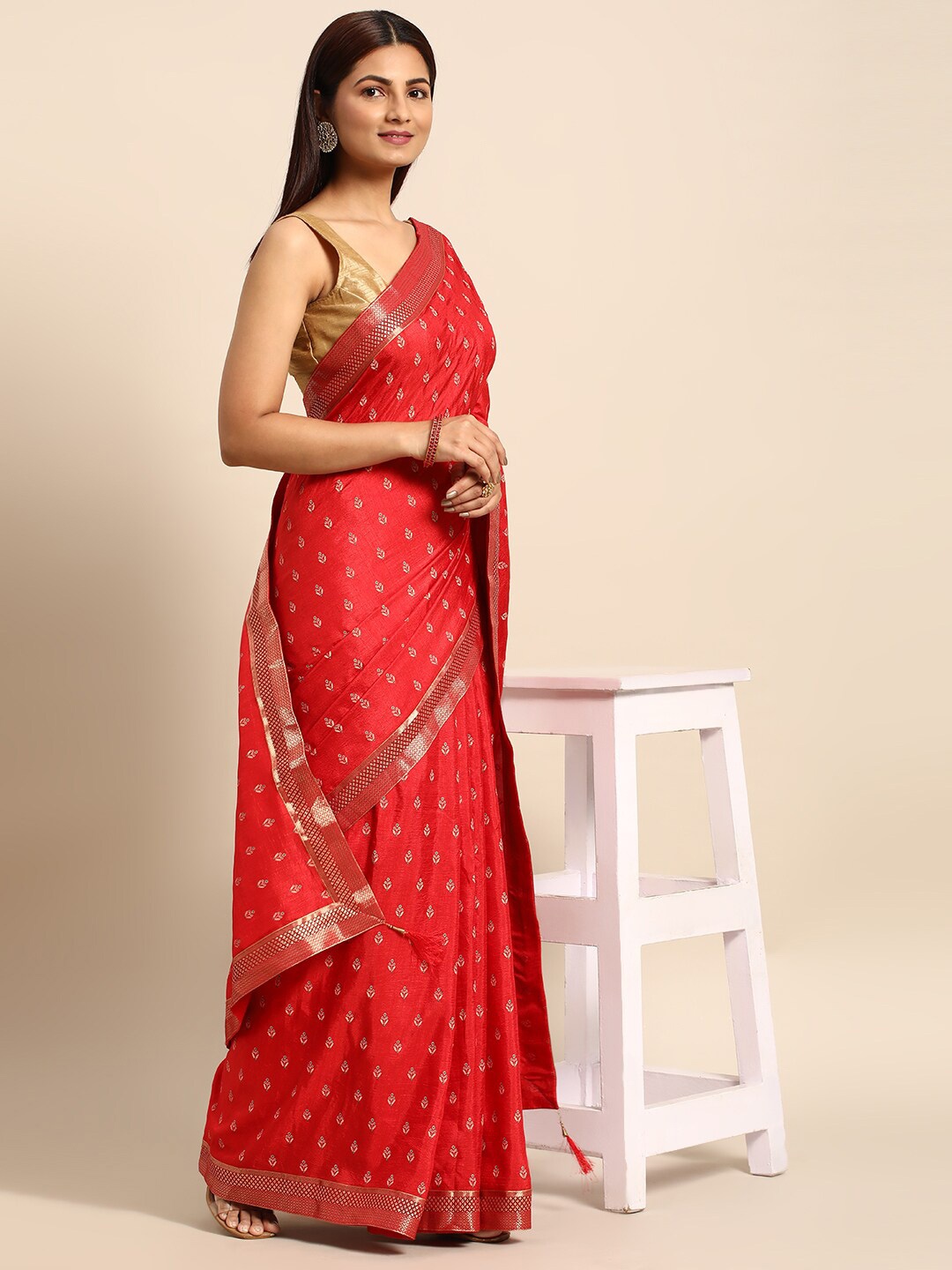 

KALINI Ethnic Motifs Printed Zari Pure Silk Saree, Red