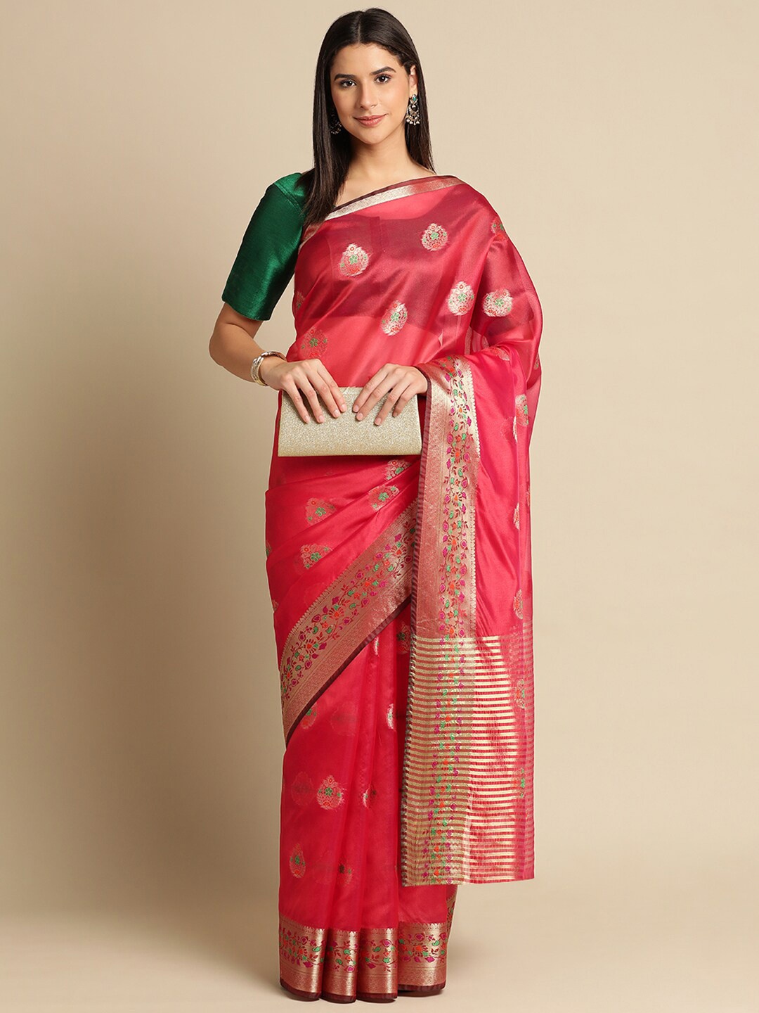 

KALINI Ethnic Motifs Woven Design Zari Organza Saree, Pink