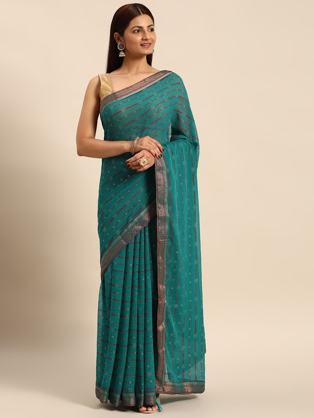 

KALINI Striped Zari Saree, Turquoise blue
