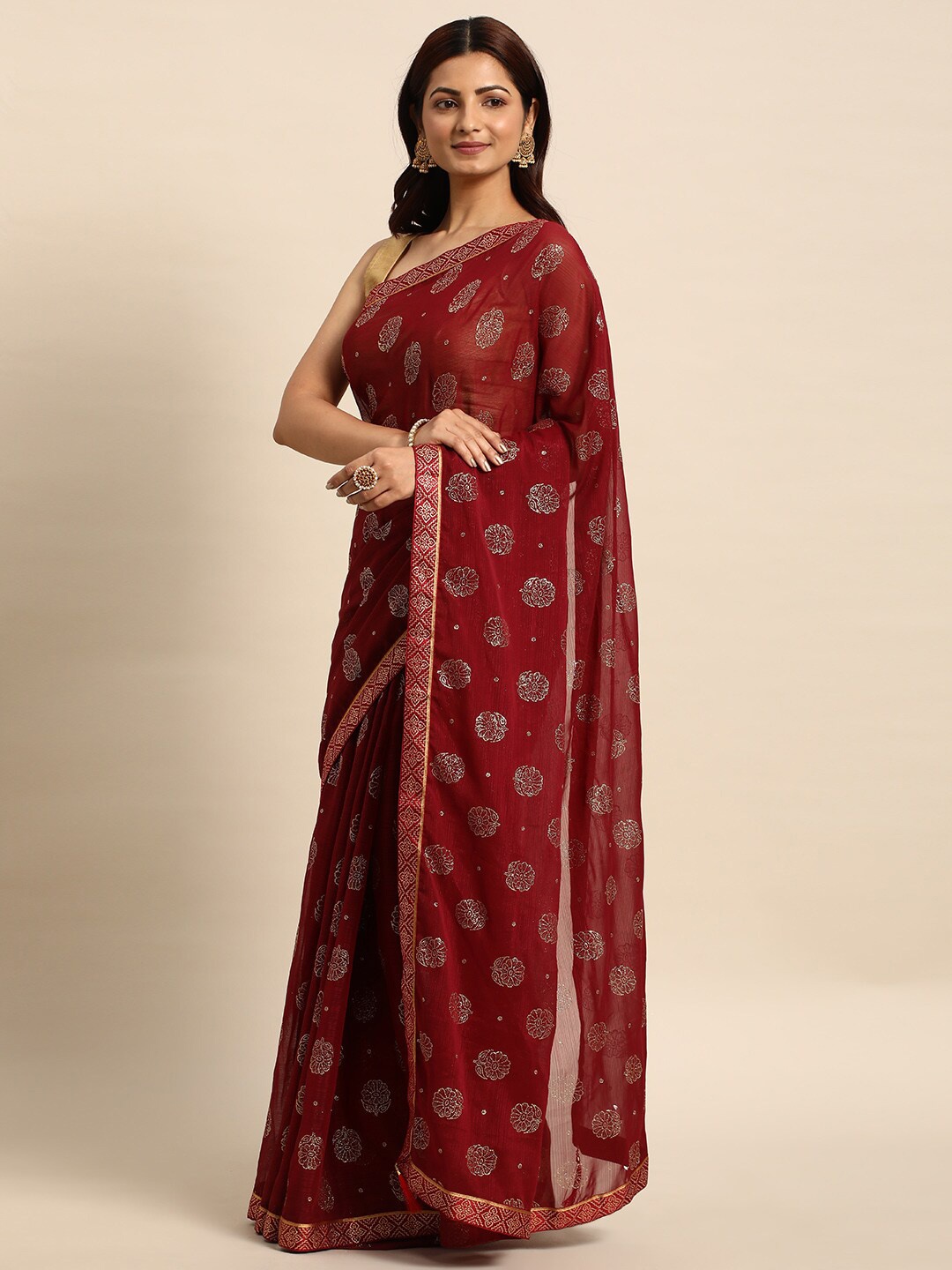 

KALINI Embellished Beads and Stones Saree, Maroon