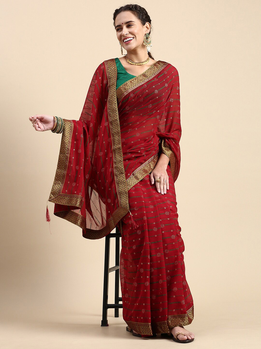 

KALINI Striped Beads and Stones Saree, Purple