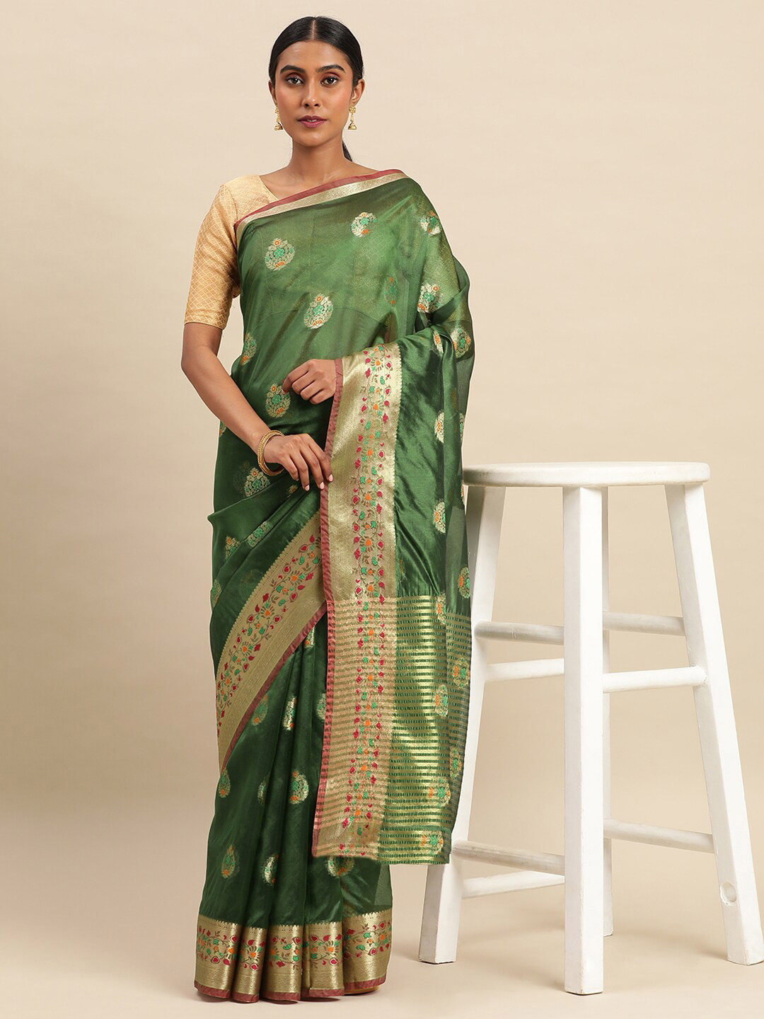 

KALINI Ethnic Motifs Woven Design Zari Organza Saree, Green