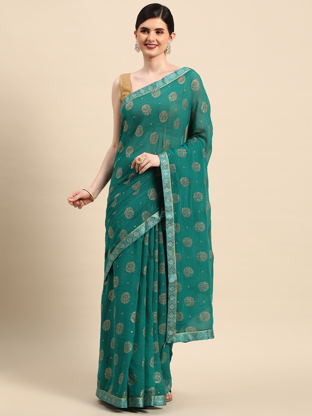 

KALINI TEmbellished Beads and Stones Saree, Turquoise blue