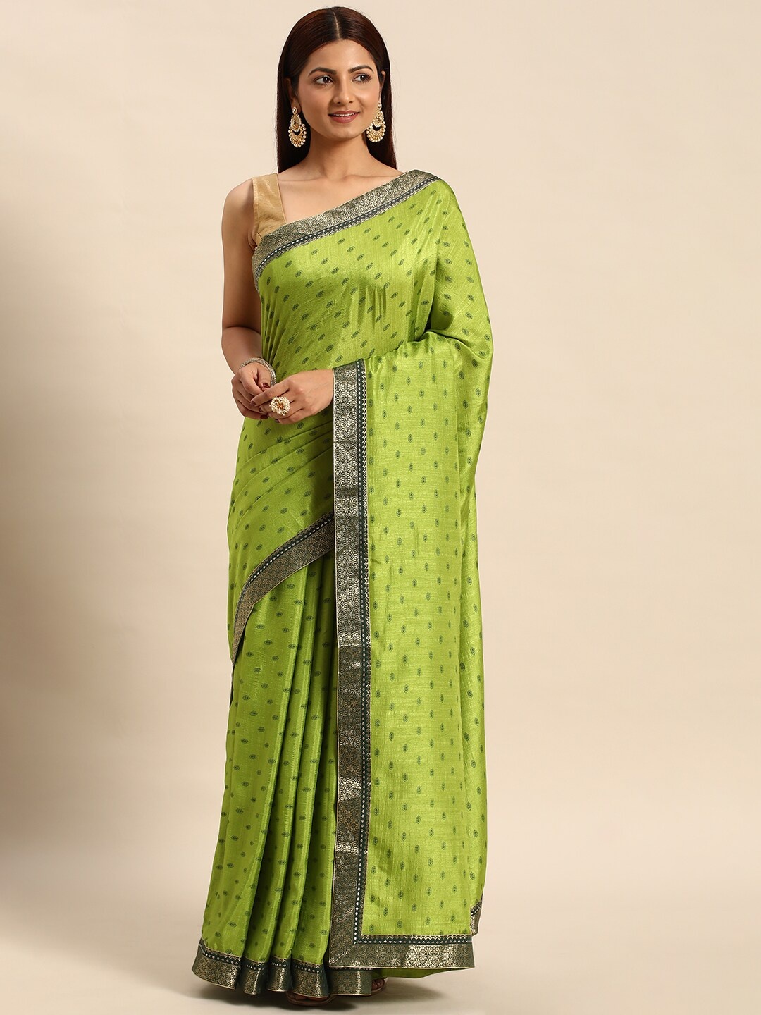 

KALINI Polka Dots Printed Zari Pure Silk Saree, Green