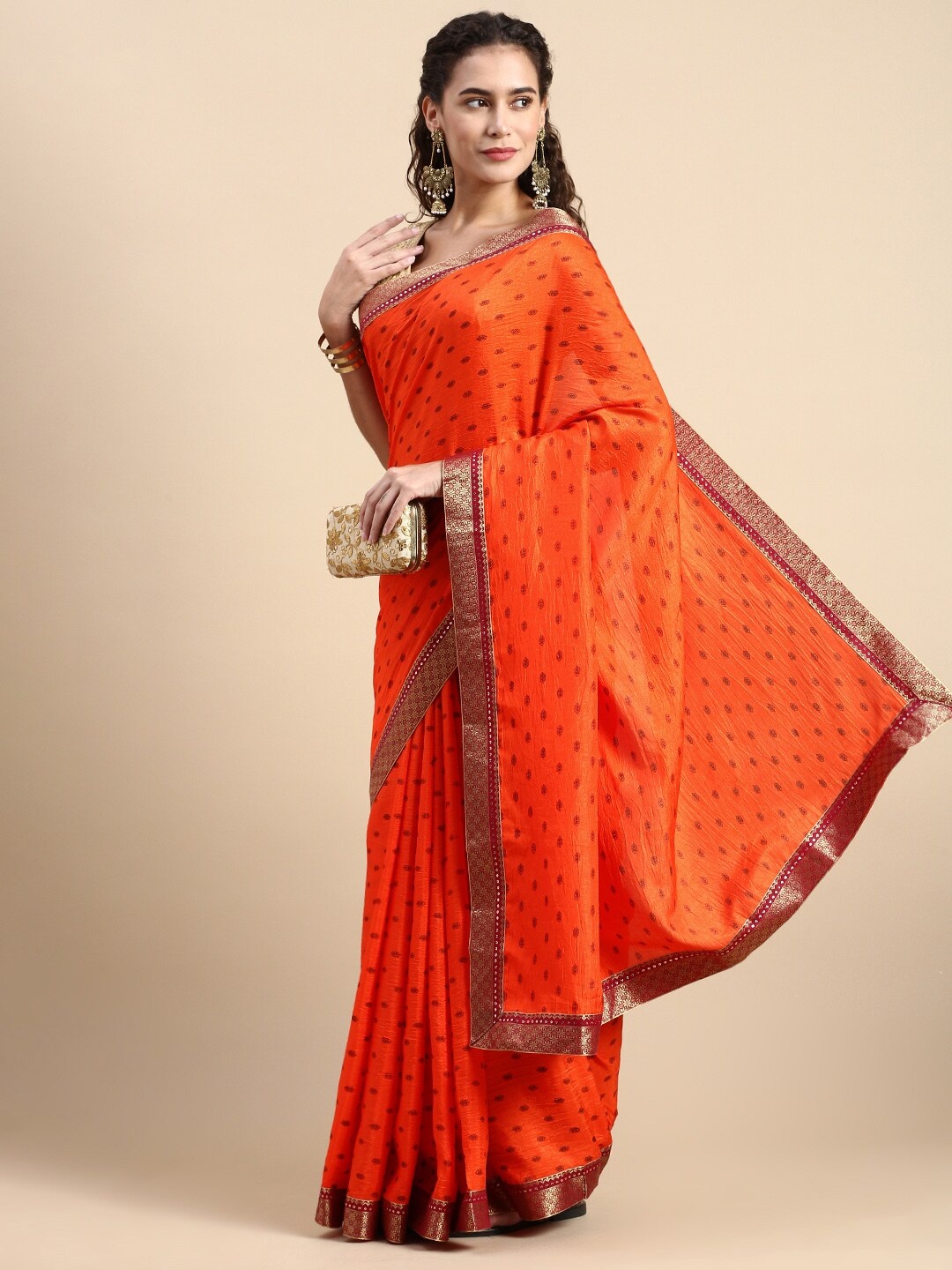 

KALINI Ethnic Motifs Printed Zari Pure Silk Saree, Orange