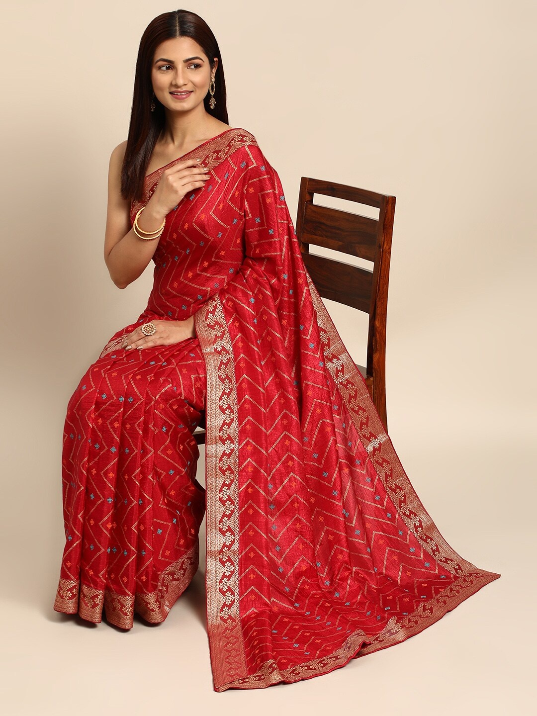 

KALINI Geometric Printed Zari Pure Silk Saree, Maroon