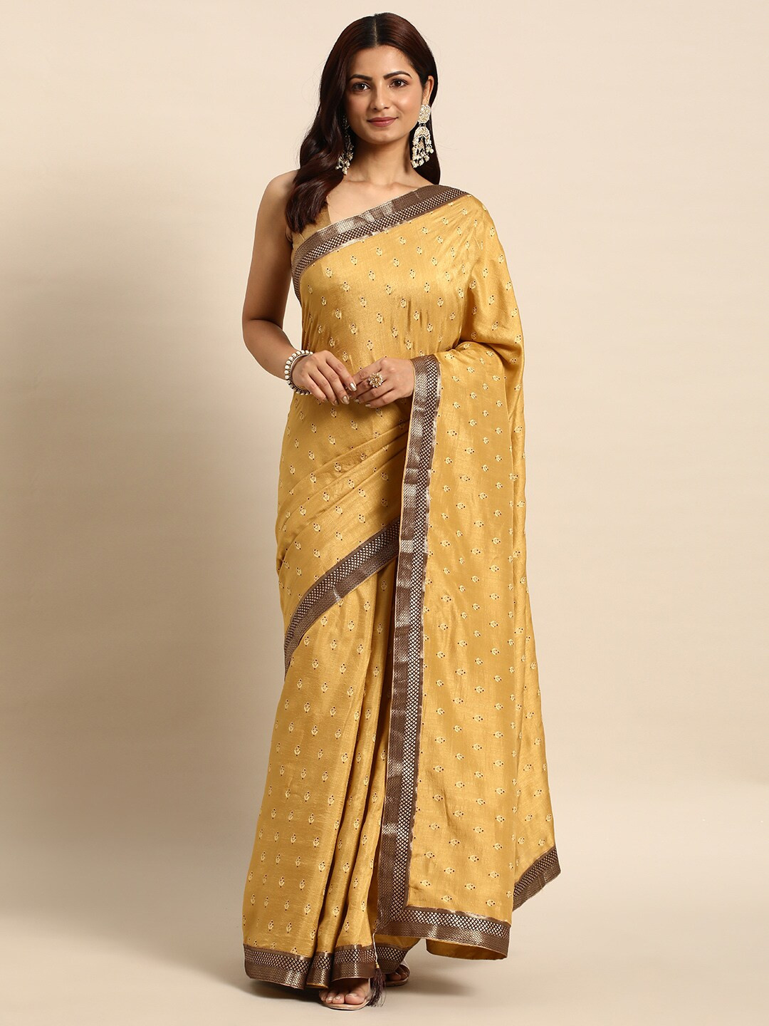

KALINI Ethnic Motifs Printed Zari Pure Silk Saree, Beige