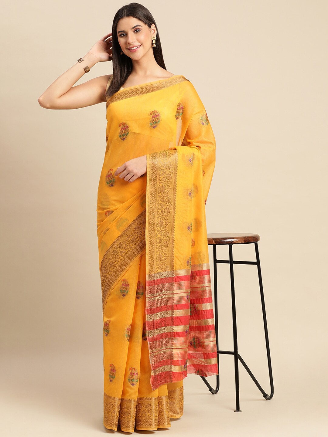 

KALINI Ethnic Motif Woven Design Zari Silk Cotton Saree, Yellow