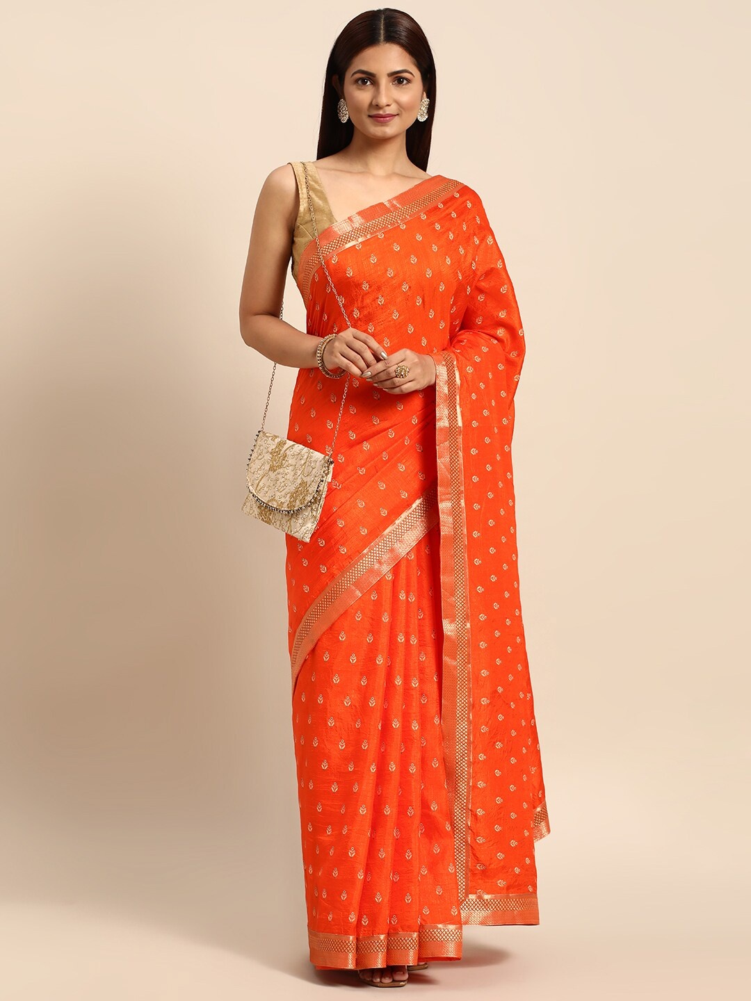 

KALINI Ethnic Motifs Printed Zari Saree, Orange