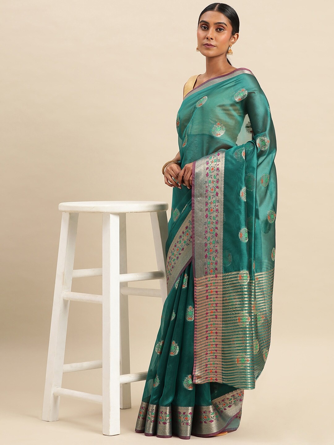 

KALINI Ethnic Motifs Woven Design Zari Saree, Sea green