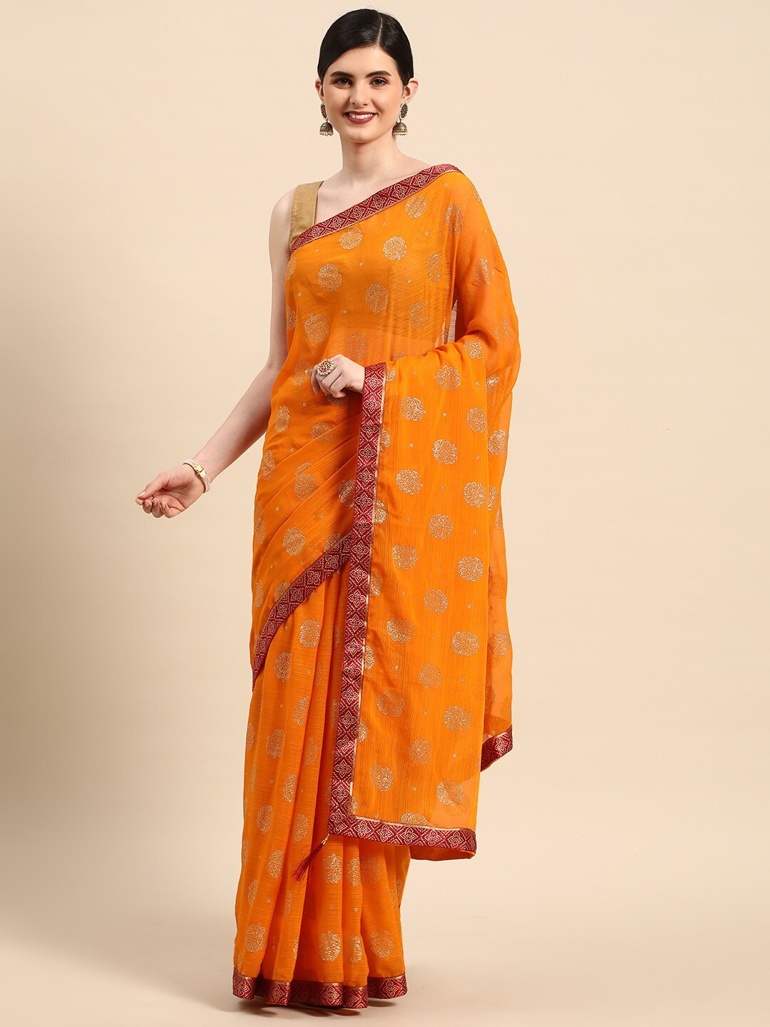 

KALINI Ethnic Motifs Zari Silk Blend Saree, Yellow