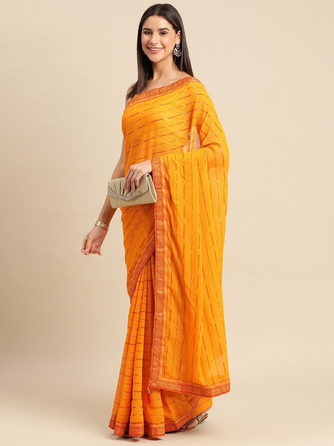 

KALINI Striped Printed Zari Saree, Yellow