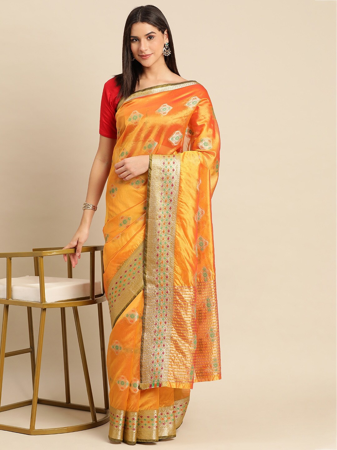 

KALINI Ethnic Motifs Woven Design Zari Organza Saree, Gold