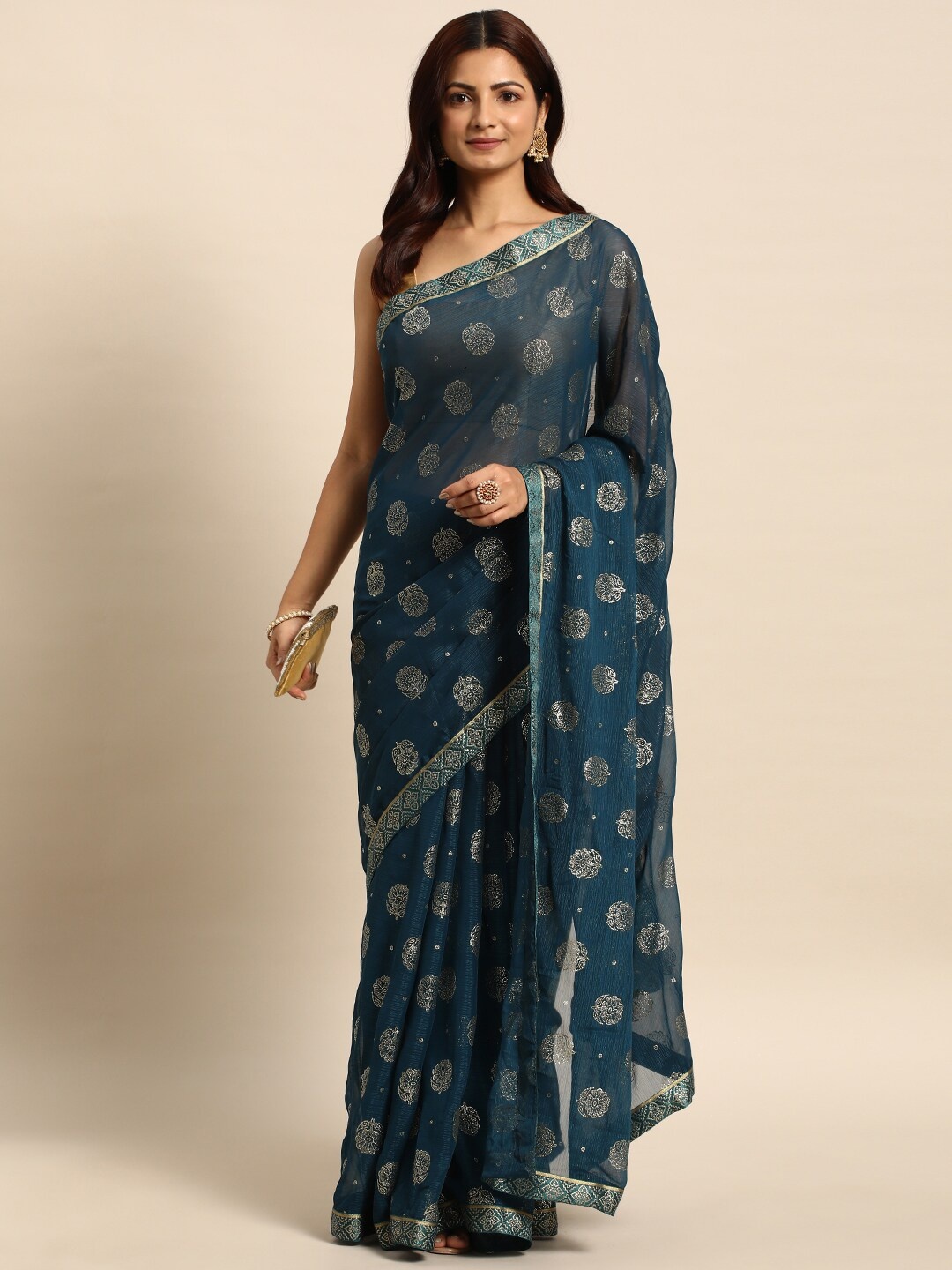 

KALINI Ethnic Motifs Zari Silk Blend Saree, Blue