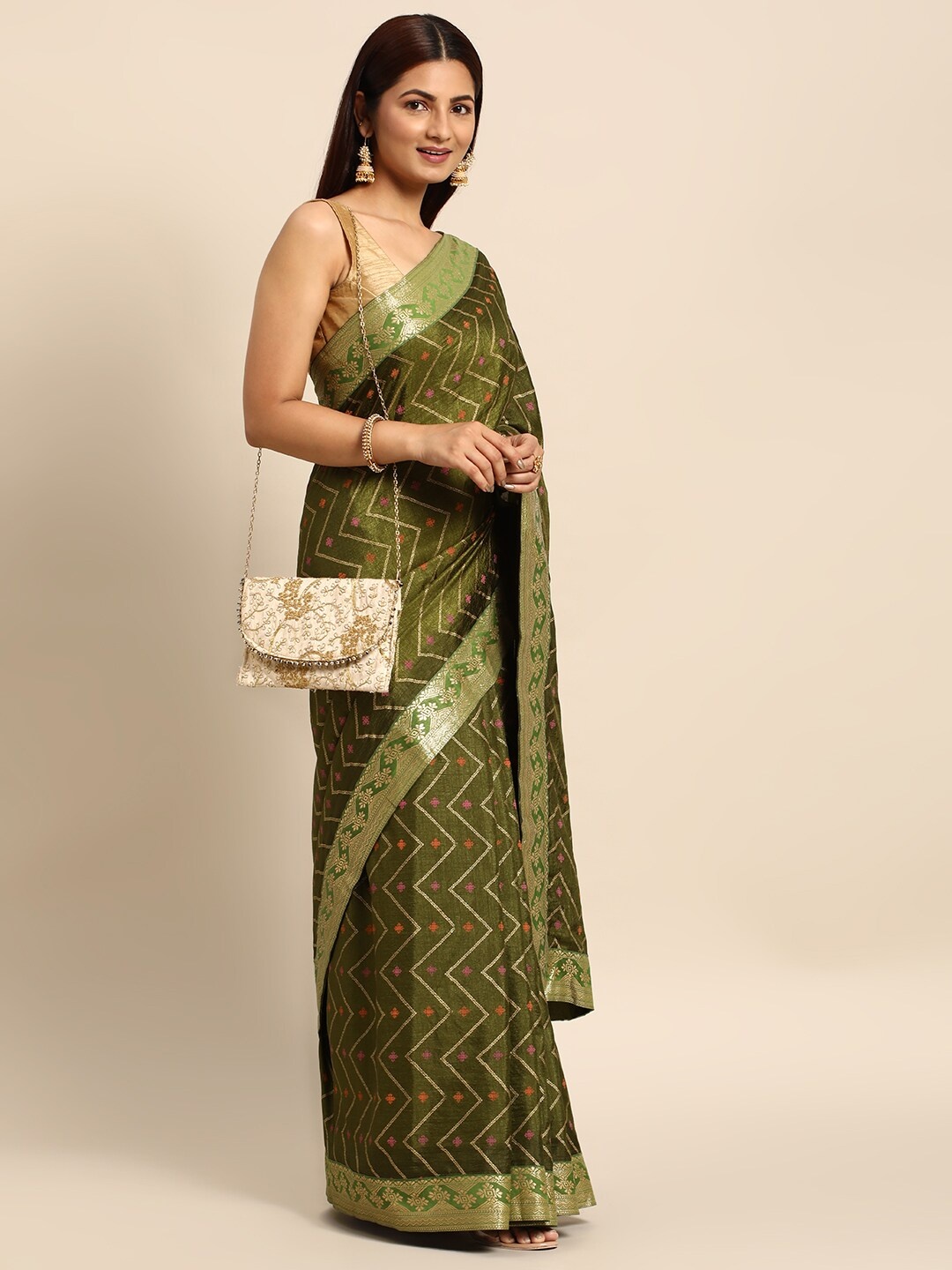 

KALINI Geometric Printed Zari Pure Silk Saree, Green