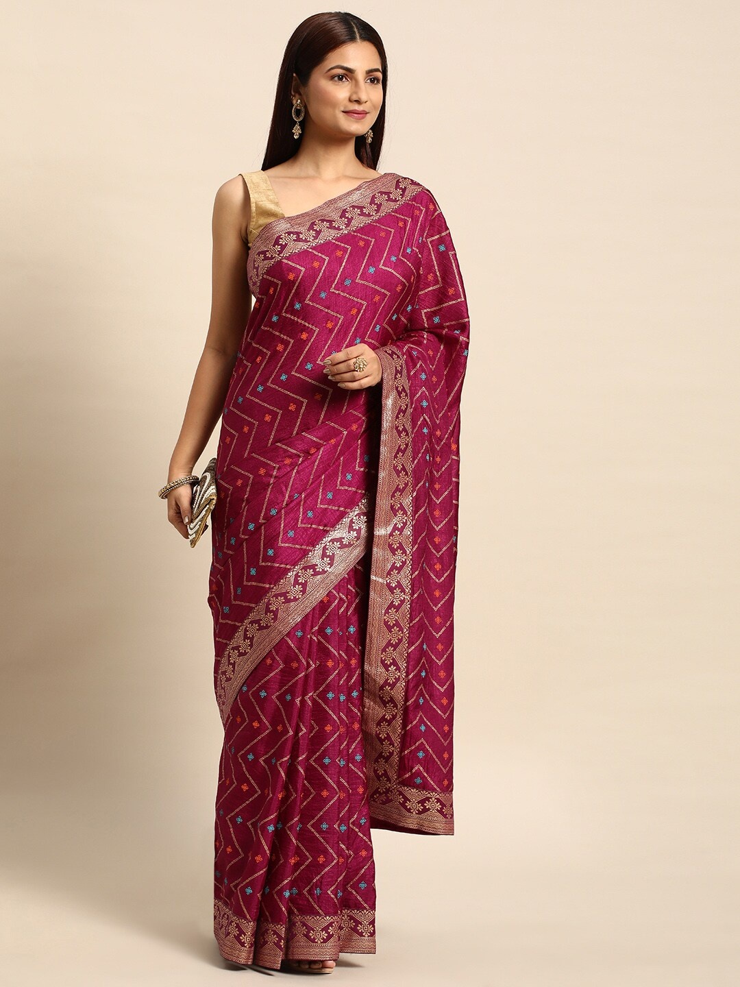 

KALINI Geometric Printed Zari Pure Silk Saree, Purple