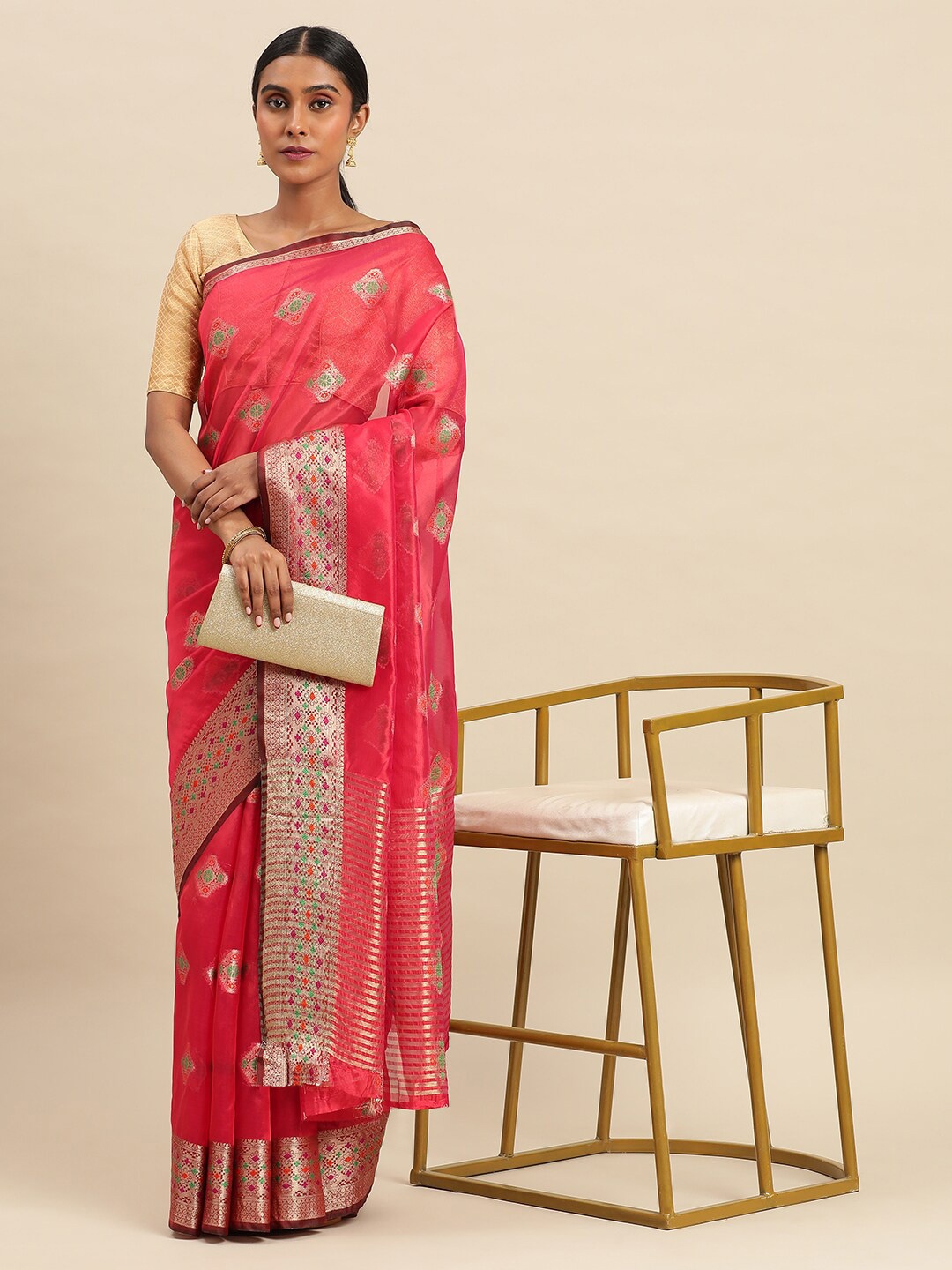 

KALINI Ethnic Woven Design Zari Organza Saree, Red