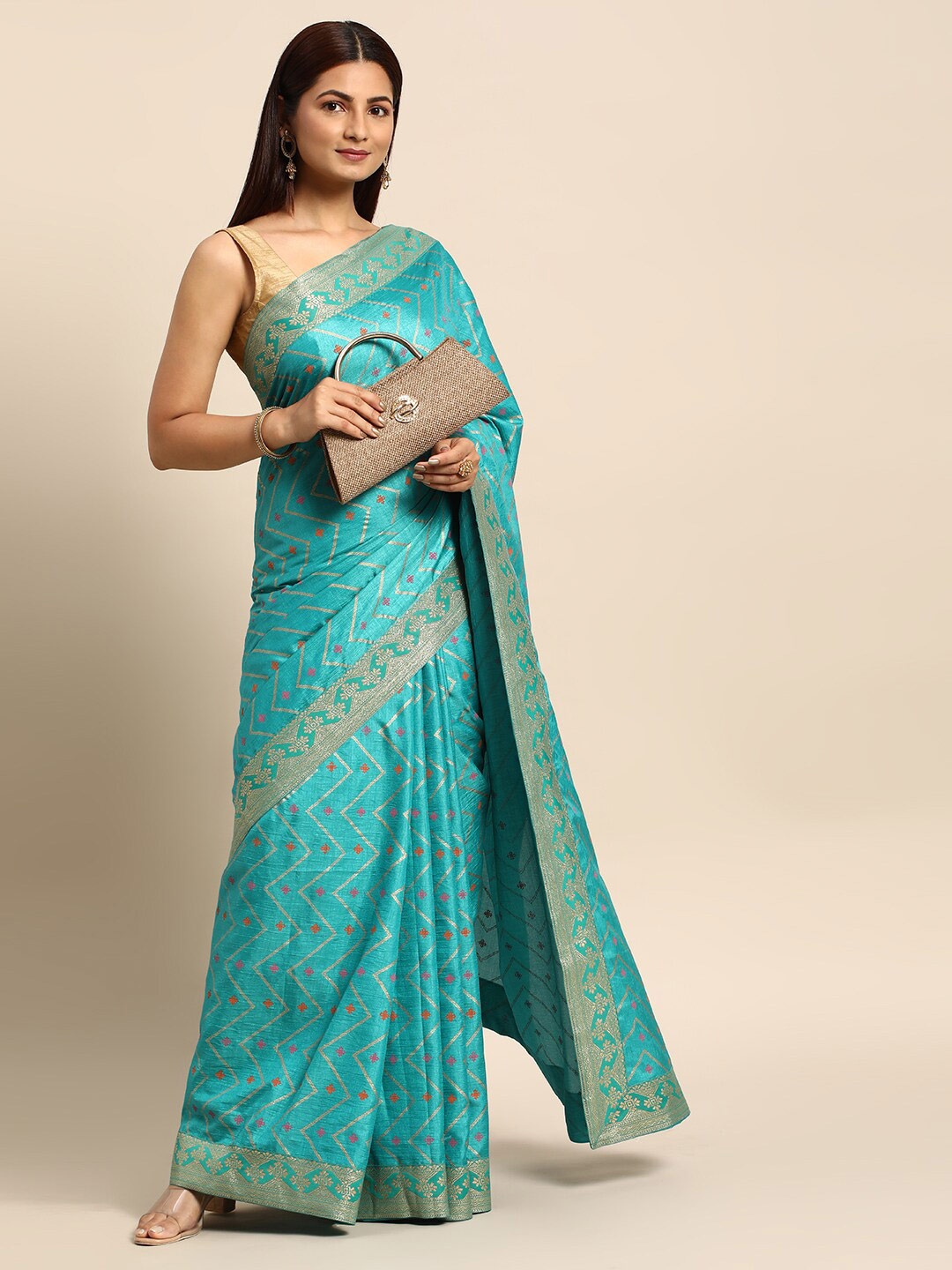 

KALINI Ethnic Motifs Zari Pure Silk Saree, Turquoise blue