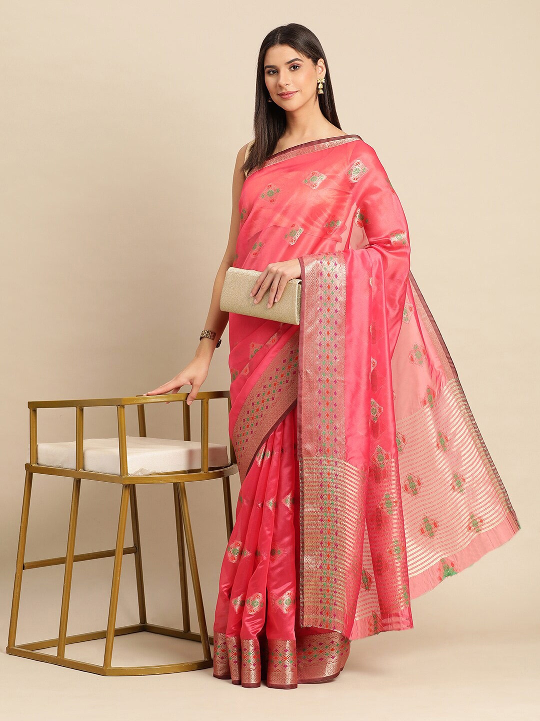 

KALINI Woven Design Zari Organza Saree, Peach