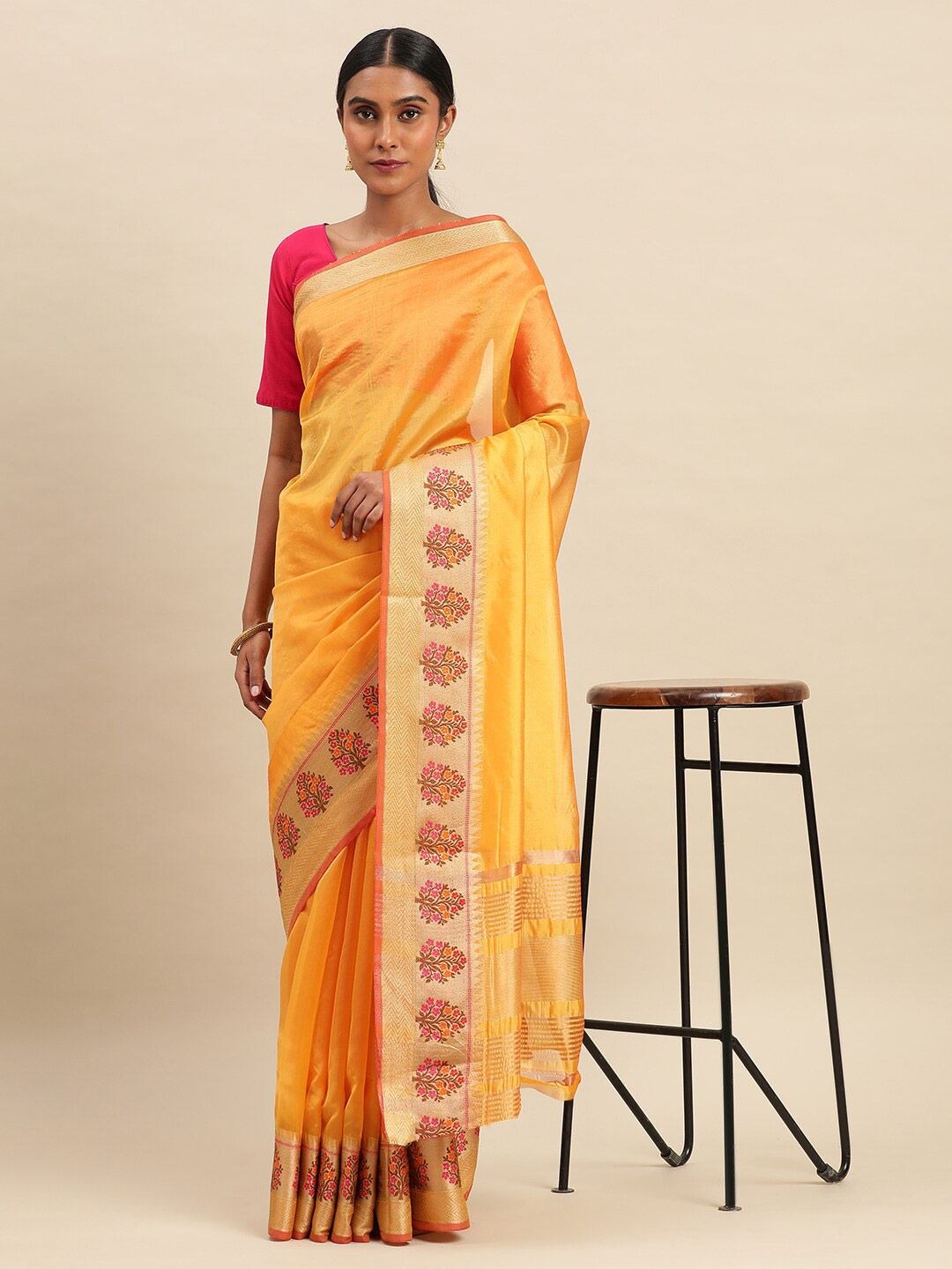 

KALINI Ethnic Motifs Printed Zari Pure Silk Saree, Gold