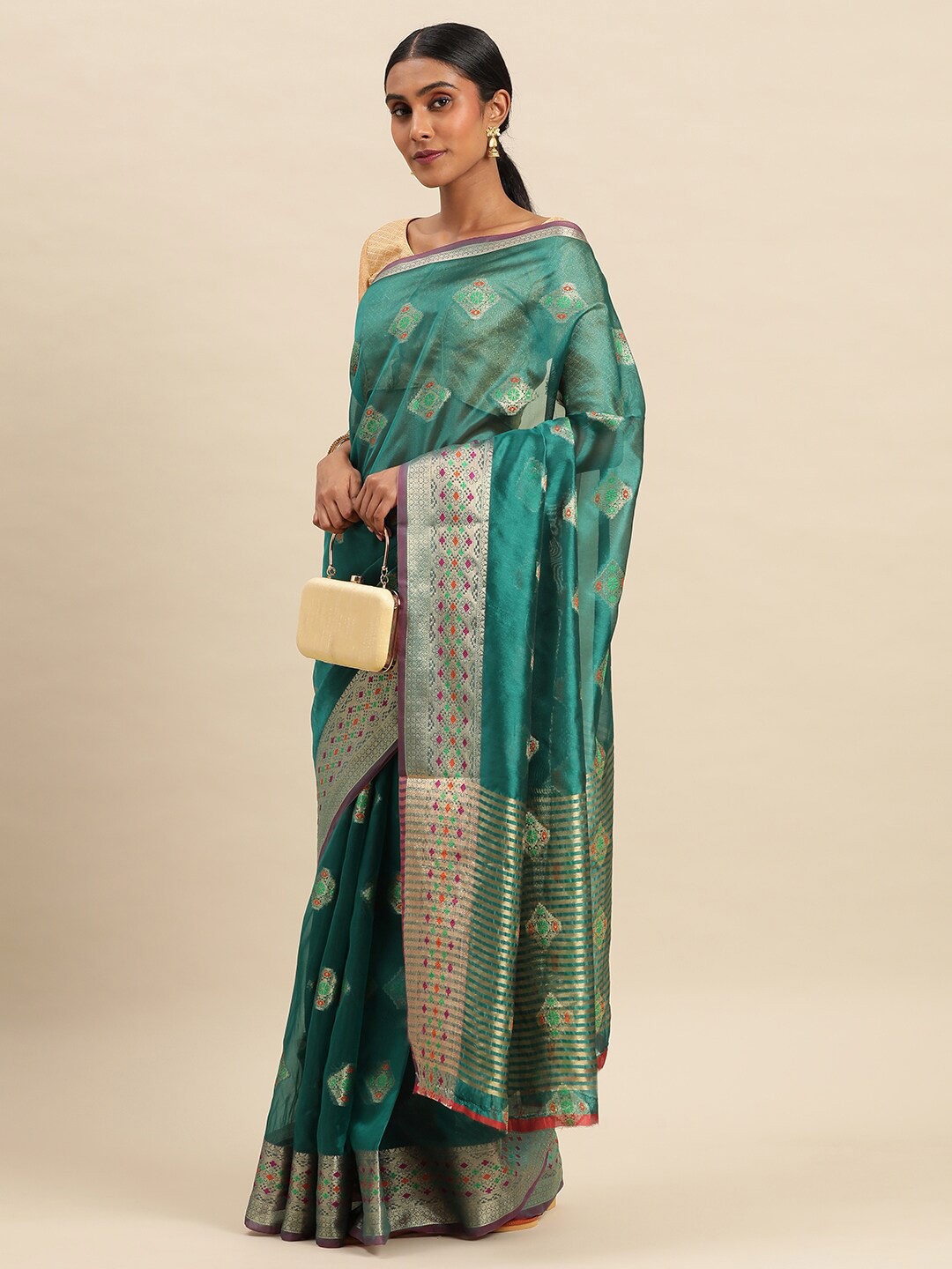 

KALINI Ethnic Motifs Woven Design Zari Organza Saree, Green